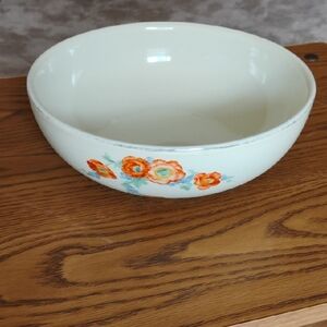 White Ceramic Serving Bowl with Orange Floral Accent